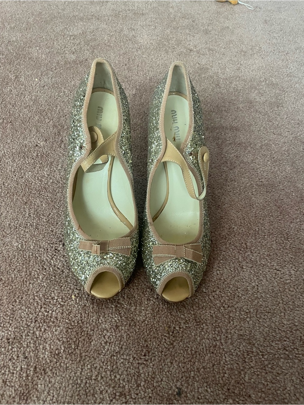 Miu Miu Glitter Peep-Toe Mary Jane Women's Shoes - Gold